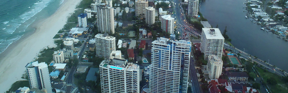 Overhead view of a city full of tall buildings