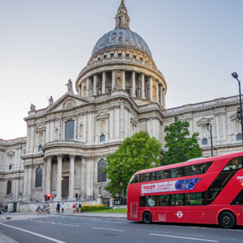 Bus in front of a cathedral in London